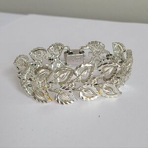 Vintage Coro Mid Century Silver Tone Leaf Wide Chain Costume Evening Bracelet
